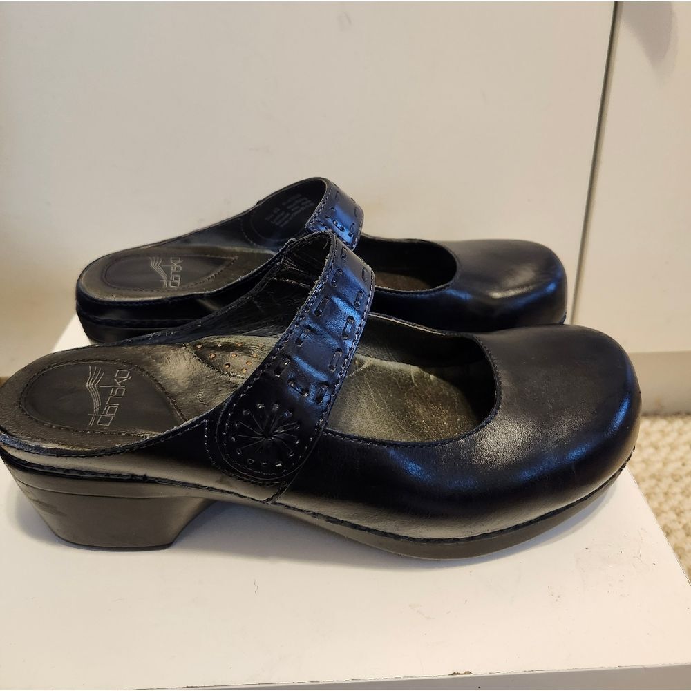 Dansko "Solitaire" Black Leather Mary Jane Backless Clogs Sz. 10/40 Ret. $145
